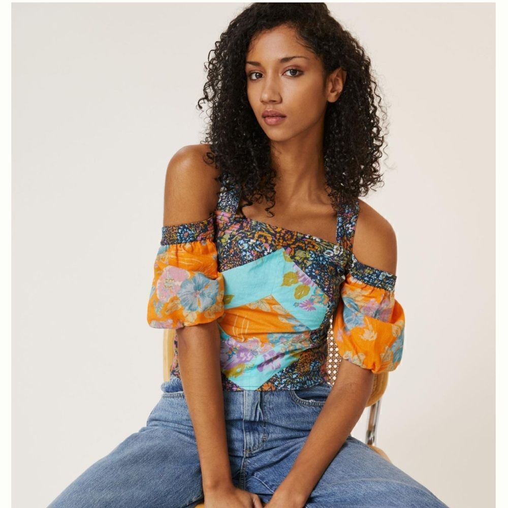 New Anthropologie Love The Label T-Shirt with Patches, Medium, Mixed Pattern